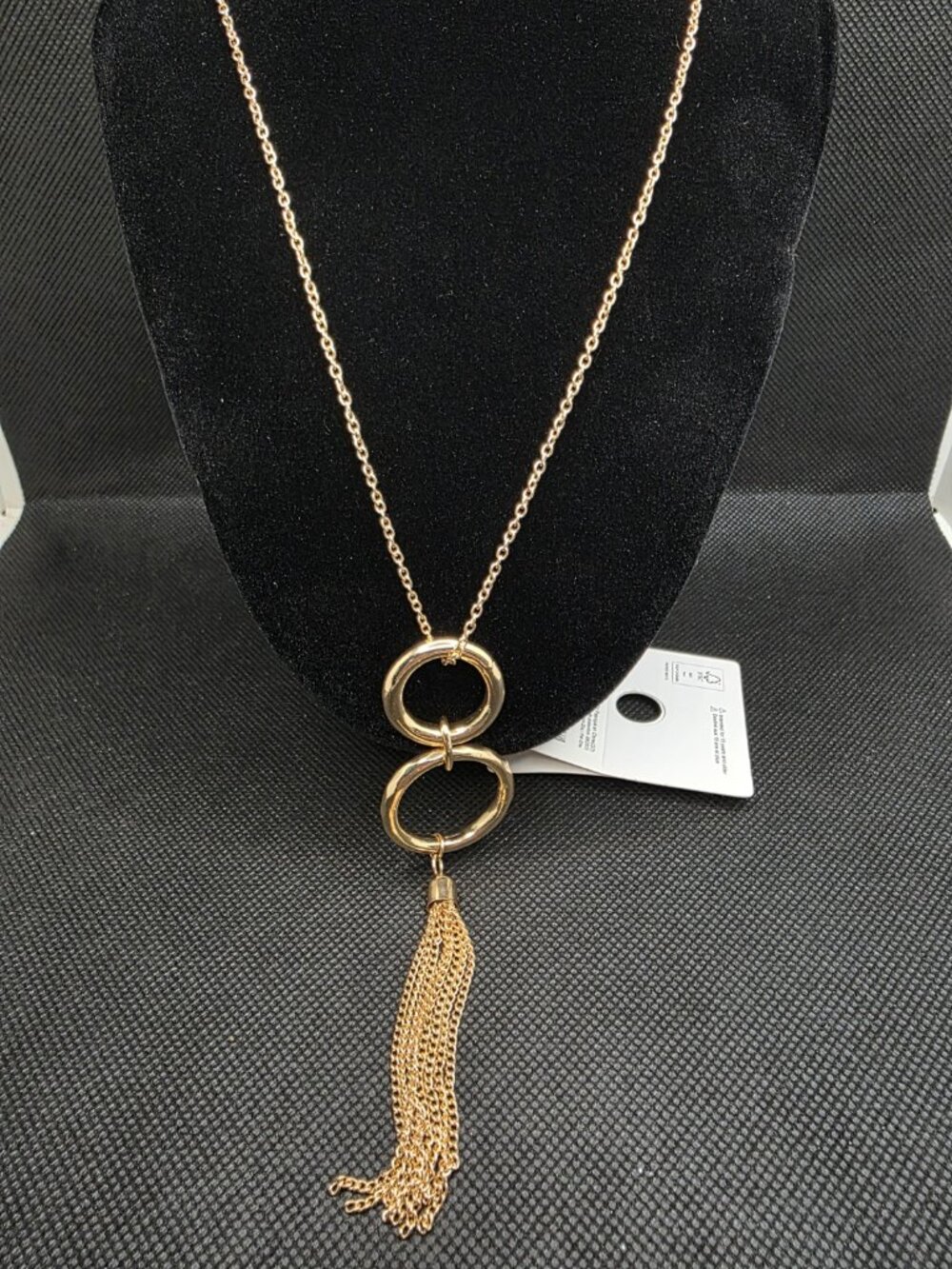 Gap Gold Tone Interlocking Double Ring Long Tassel Pendant Necklace 33"
